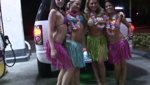  girls showing pussy and tits in hula skirts