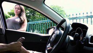  Hot amateur babe watches a hung guy jerking off in the car