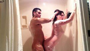  Sultry brunette milf gets pounded doggystyle in the shower