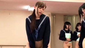  Naughty Japanese schoolgirls getting drilled hard together