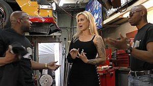  Car shop threesome with a busty blonde